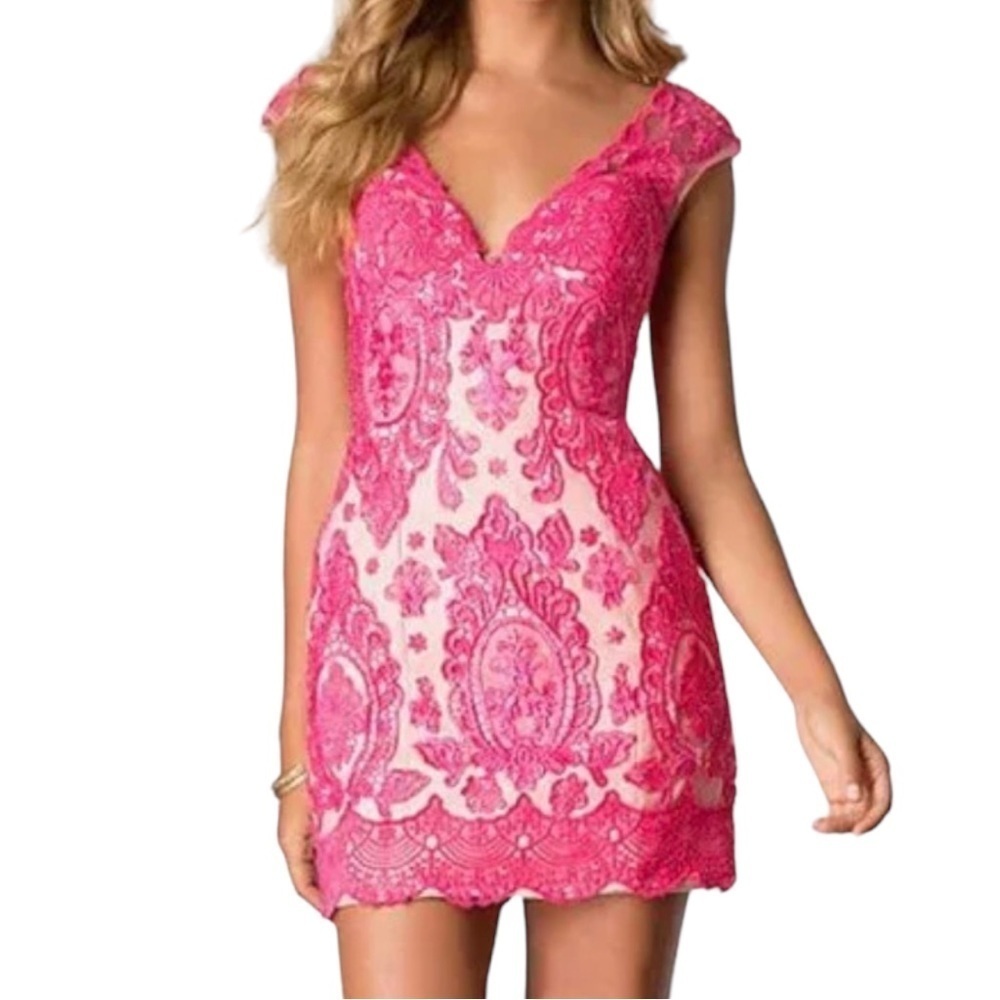 JVN by Jovani Bonny Dress Pink Crochet Lace Beige Sheer Cocktail Mini